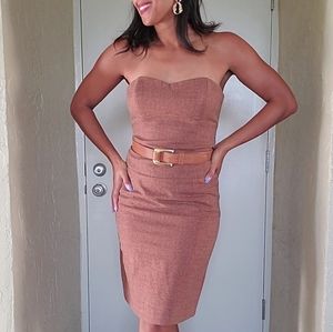Strapless Brown Wool Sweetheart Neck Dress, Sz 6